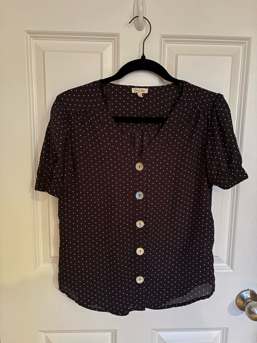 Lily White Black Polka Dot Button Front Blouse